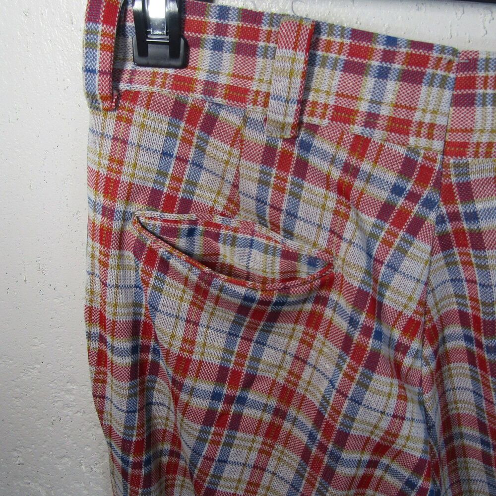 Vintage 70s Mens Plaid Pants Red Blue White Gold Checkered Trousers W30 L32